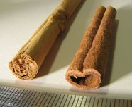Ceylon cinnamon (C. verum) and Indonesian cinnamon (C.  burmannii) sticks (quills) side by side