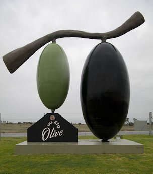 The Big Olive is one of a number of Big Things in Australia. Located just outside of Tailem Bend, South Australia, it stands outside of the Big Olive complex, which produces and sells a number of olive products.