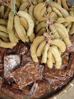 Tamarind (Tamarindus indica) pods and pulp for sale at a market in Baubau City, Buton Island, Indonesia.