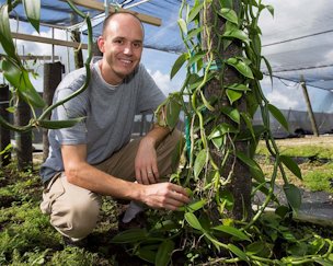 Alan Chambers with vanilla plants at the Tropical Research and Education Center