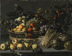 Still life with fruit piled high in a basket, surrounded by quinces, melons and asparagus on a ledge